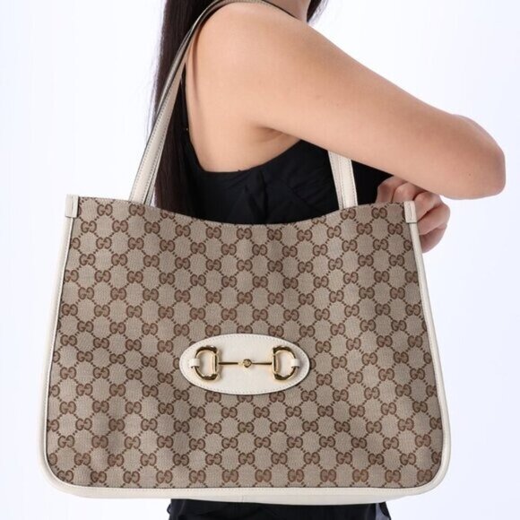 Gucci Beige Monogram Canvas & Leather Horsebit Shoulder Tote Bag - Picture 1 of 13